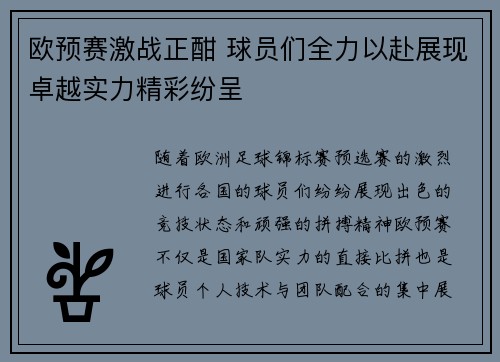 欧预赛激战正酣 球员们全力以赴展现卓越实力精彩纷呈