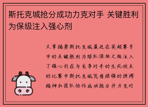 斯托克城抢分成功力克对手 关键胜利为保级注入强心剂