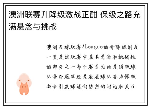 澳洲联赛升降级激战正酣 保级之路充满悬念与挑战