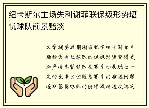纽卡斯尔主场失利谢菲联保级形势堪忧球队前景黯淡