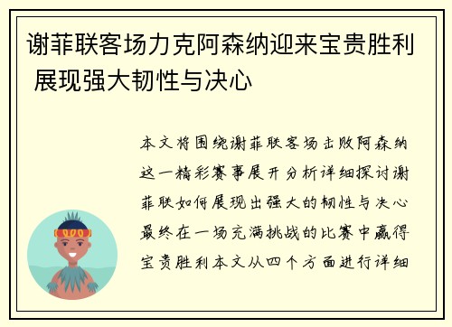 谢菲联客场力克阿森纳迎来宝贵胜利 展现强大韧性与决心