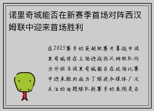 诺里奇城能否在新赛季首场对阵西汉姆联中迎来首场胜利